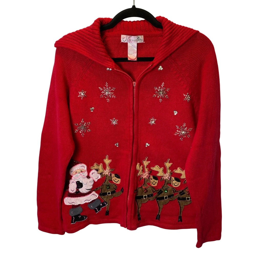 Dressbarn Christmas Zip Up Women M Red Santa Reindeer Ugly Christmas Sweater